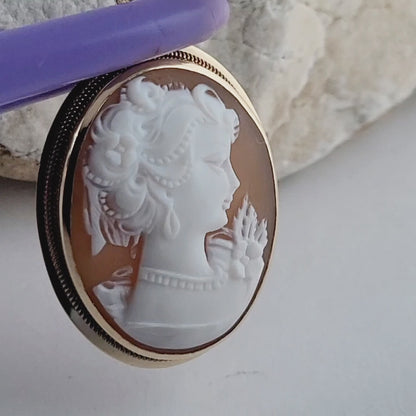 Vintage 14K Yellow Gold Italian Cameo Brooch/Pendant – Classic Victorian Profile -Hand-Carved Shell