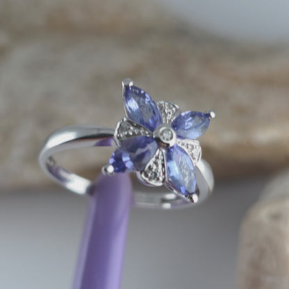 14K White Gold Tanzanite & Genuine Diamonds Ring Size 8.5 - Solid Gold