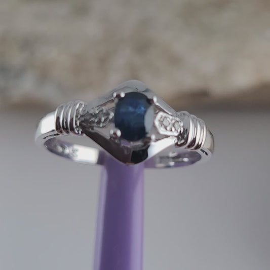 14K White Gold Sapphire & Genuine Diamonds Ring Size 7 - Solid Gold