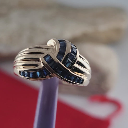 14K Yellow Gold Dark Blue Sapphire Dome Ring Size 7 - Solid Gold