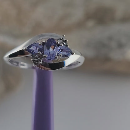 10K White Gold Tanzanite and Genuine Diamonds Ring Size 7, Solid Gold