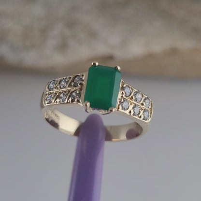 14K Yellow Gold Emerald and White Quartz Ring Size 6.5 - Solid Gold