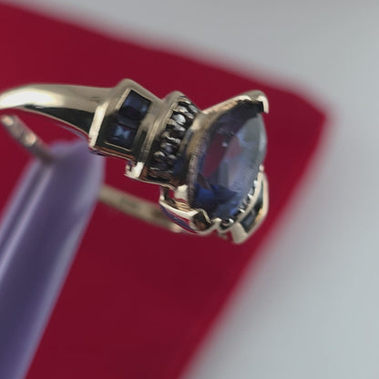 10K Yellow Gold Sapphire and Diamond Cocktail Ring Size 7.5, Solid Gold!