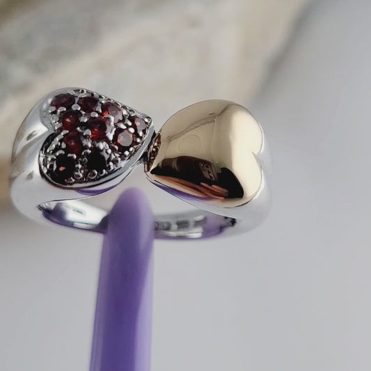 Sterling Silver 925 Double Heart Garnet Ring with 18K Yellow Gold Heart Size 8