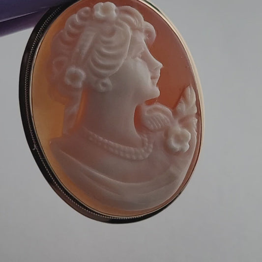 Vintage 14K Gold Italian Cameo Brooch/Pendant – Classic Victorian Profile – Hand-Carved Shell