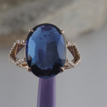 14K Yellow Gold Blue Sapphire and Diamonds Ring Size 6.75, Solid Gold