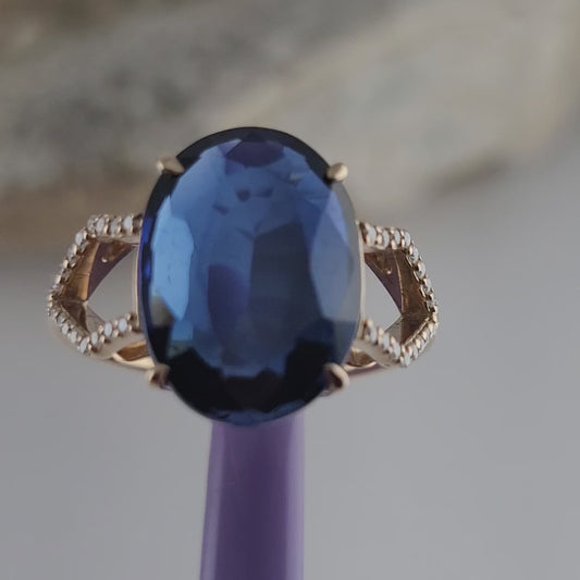14K Yellow Gold Blue Sapphire and Diamonds Ring Size 6.75, Solid Gold
