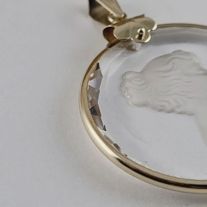 14K Vintage Yellow Gold Carved Face Clear Intaglio, Woman Bust Design Pendant, Solid Gold - Made in Italy!