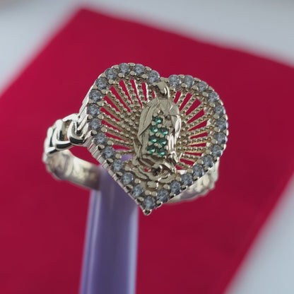 14K Yellow Gold, Heart-Shaped Lady of Guadalupe with Green and White Cubic Zirconia Ring Size 8, Solid Gold!