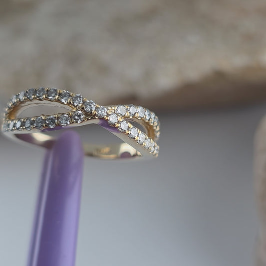 14K Yellow Gold Genuine Diamonds Crossover Band Ring Size 6.25 - Solid Gold