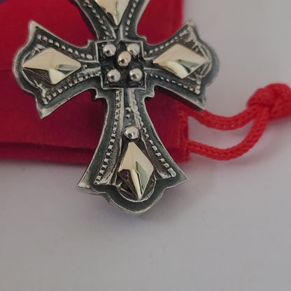 950 Oxidized Silver and 14k Solid Gold Cross-Shaped Vintage Pendant