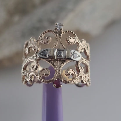 Vintage 14K Yellow Gold Ruby and Genuine Diamonds Filigree Ring Size 5.5 - Solid Gold