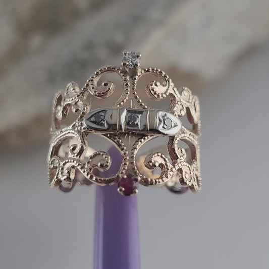Vintage 14K Yellow Gold Ruby and Genuine Diamonds Filigree Ring Size 5.5 - Solid Gold