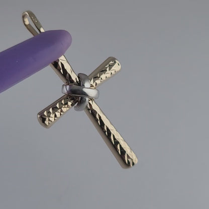 14K Two-Tone Gold Diamond-Cut Cross Pendant - Solid Gold, Made in Italy
