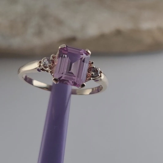10K Yellow Gold Pink Sapphire & White Tourmaline Ring Size 8 - Solid Gold!