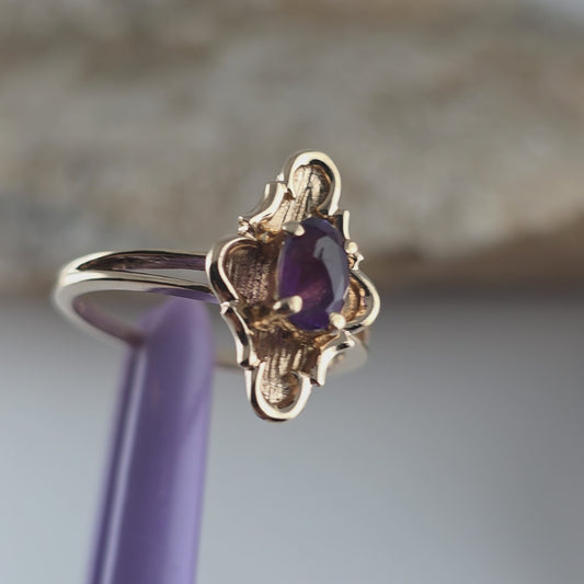 14K Yellow Gold Amethyst Cocktail Ring Size 6 - Solid Gold