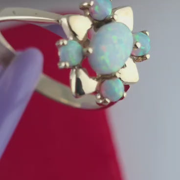 14K Yellow Gold Flower-Shaped Opal Ring Size 8, Solid Gold