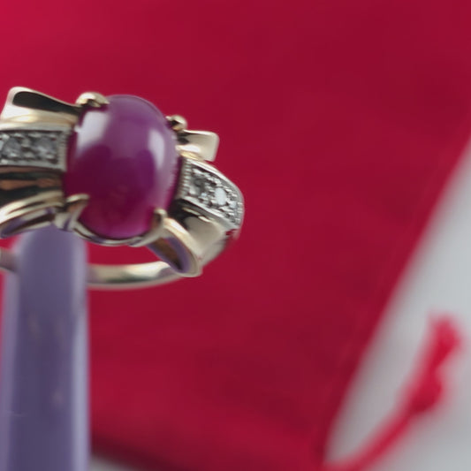 14K Yellow Gold Pink Star Sapphire and Diamond Ring Size 7.5, Solid Gold!