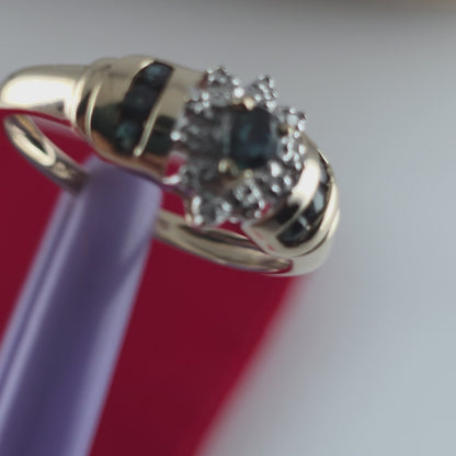 10K Yellow Gold Sapphires and Genuine Diamond Ring Size 7, Solid Gold!