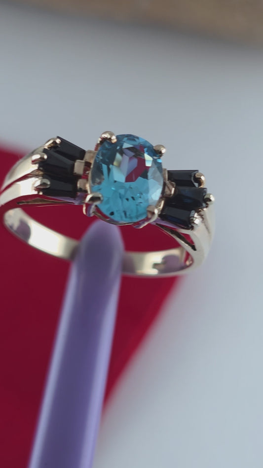 10K Yellow Gold Blue Topaz and Sapphire Cocktail Ring Size 7.25, Solid Gold!
