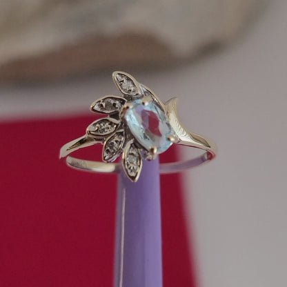 14k Size 6.25 Fancy Solid Yellow Gold Flower-Shaped Aquamarine and Diamond Ring!