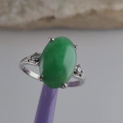 14K White Gold Jade and Genuine Diamond Ring Size 7.25 - Solid Gold