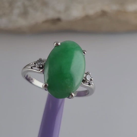 14K White Gold Jade and Genuine Diamond Ring Size 7.25 - Solid Gold