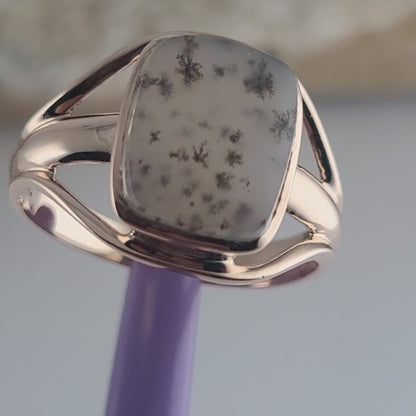 14K Rose Gold Cushion Cabochon Dendritic Agate Split Shank Cocktail Ring Size 9.25, Solid Gold!
