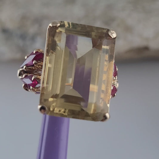 14K Yellow Gold Citrine Gemstone and Rubies Ring, Size 5 - Solid Gold