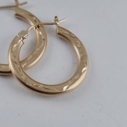 14K Yellow Gold Diamond-Cut Satin Hoop Earrings, Solid Gold