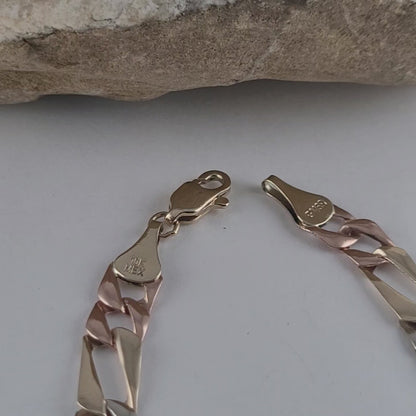 Vintage 10K Solid Gold Multi-Tone Figaro Link Bracelet, Made In Mexico