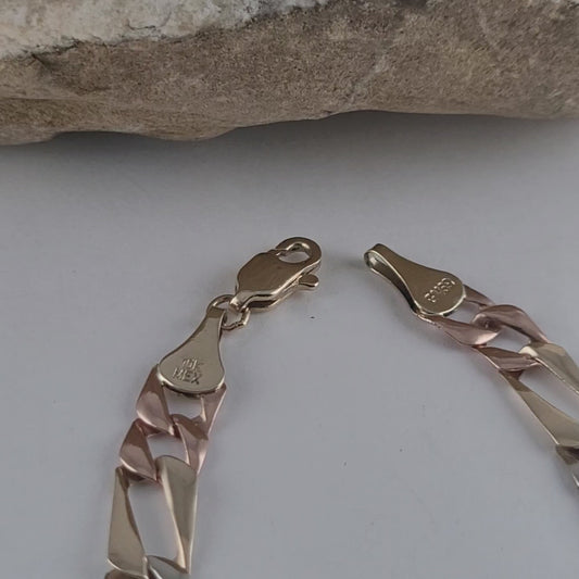 Vintage 10K Solid Gold Multi-Tone Figaro Link Bracelet, Made In Mexico