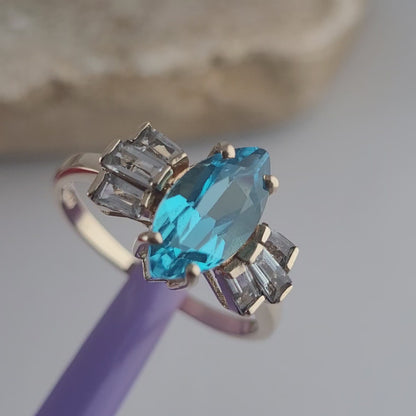 14K Yellow Gold Blue Topaz & Aquamarine Cocktail Ring Size 8 - Solid Gold