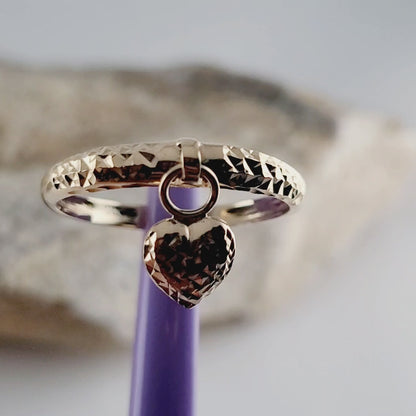 14K Yellow Gold Diamond-Cut Ring Size 10 with Heart Charm, Solid Gold!