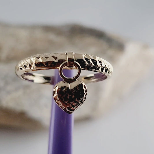 14K Yellow Gold Diamond-Cut Ring Size 10 with Heart Charm, Solid Gold!