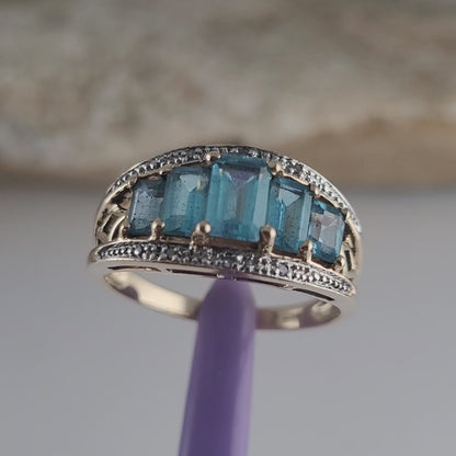 14K Yellow Gold Blue Topaz & Diamond Ring Size 8 - Solid Gold