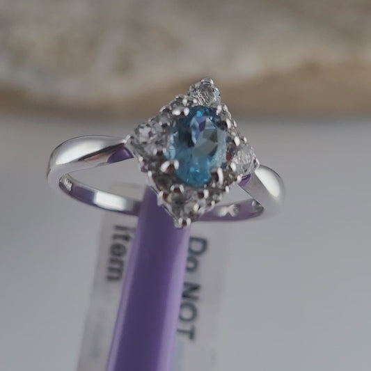 14K White Gold Blue and White Topaz Ring Size 6.75 - Solid Gold