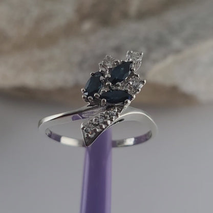 14K White Gold Sapphires and Genuine Diamonds Ring Size 9.25, Solid Gold
