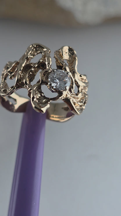 14K Yellow Gold Vintage Cubic Zirconia Brutalist Ring, Solid Gold!