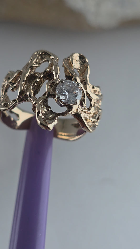14K Yellow Gold Vintage Cubic Zirconia Brutalist Ring, Solid Gold!