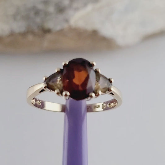 14K Yellow Gold Garnet and Citrine Cocktail Ring Size 8, Solid Gold!