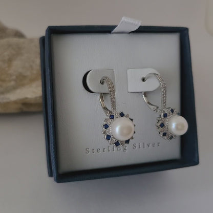 ❤️Precious Sterling Silver Fresh-Water Pearl, White and Blue Cubic Zirconia Drop Earrings!