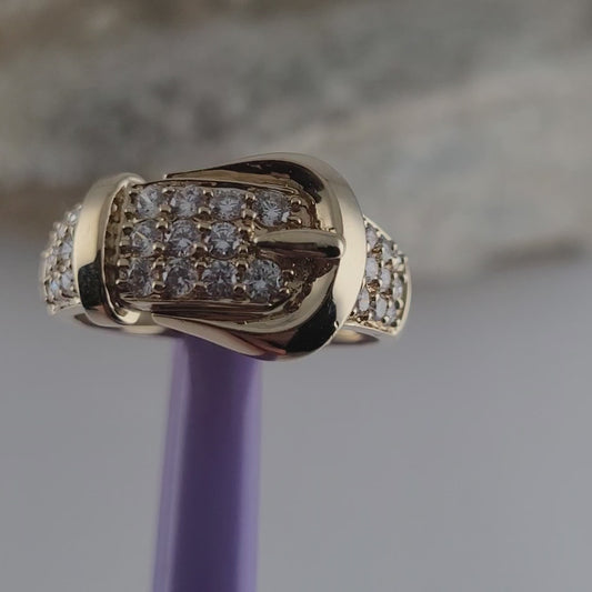 14K Yellow Gold Belt Buckle Cubic Zirconia  Band Ring Size 7, Solid Gold