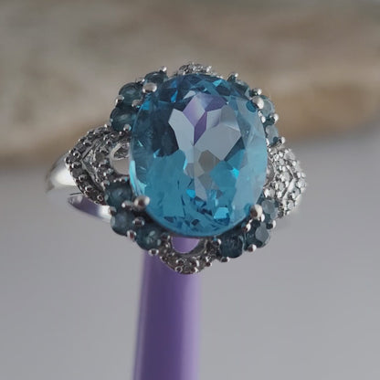 10K White Gold Blue Topaz Gemstones and Diamonds Ring Size 6.75 - Solid Gold
