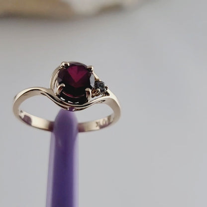 10K Yellow Gold Garnet and Diamond Ring Size 6.5, Solid Gold