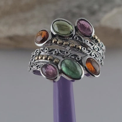 925 Sterling Silver Ring and 18K Yellow Gold, Tourmaline Gemstones Ring Size 8!