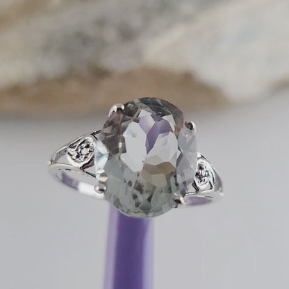 10K White Gold Prasiolite and Genuine Diamonds Ring Size 7, Solid Gold