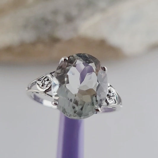 10K White Gold Prasiolite and Genuine Diamonds Ring Size 7, Solid Gold