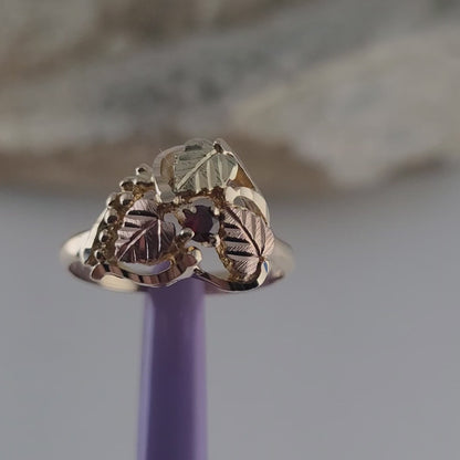 10K Rose and Yellow Gold Garnet and Leaves Black Hills Ring Size 6.5 Solid Gold