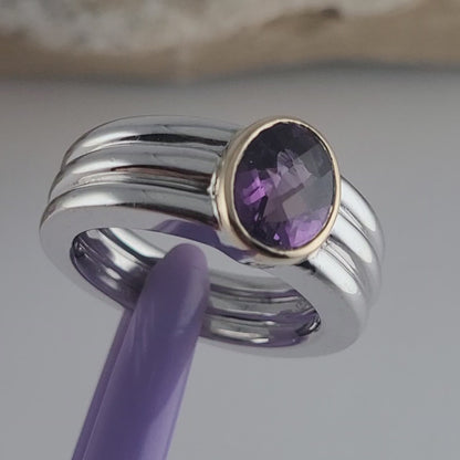 Sterling Silver and 14K Yellow Gold Amethyst Ribbed Band Ring Size 7